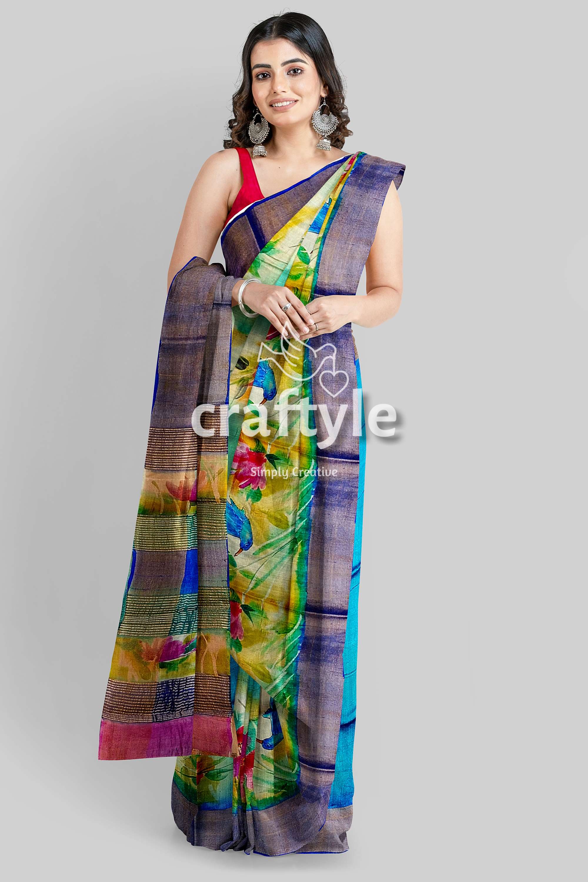 Hand Painted Zari Pure Tussar Saree - Floral Sky Blue Elegant Indian Sari - Craftyle