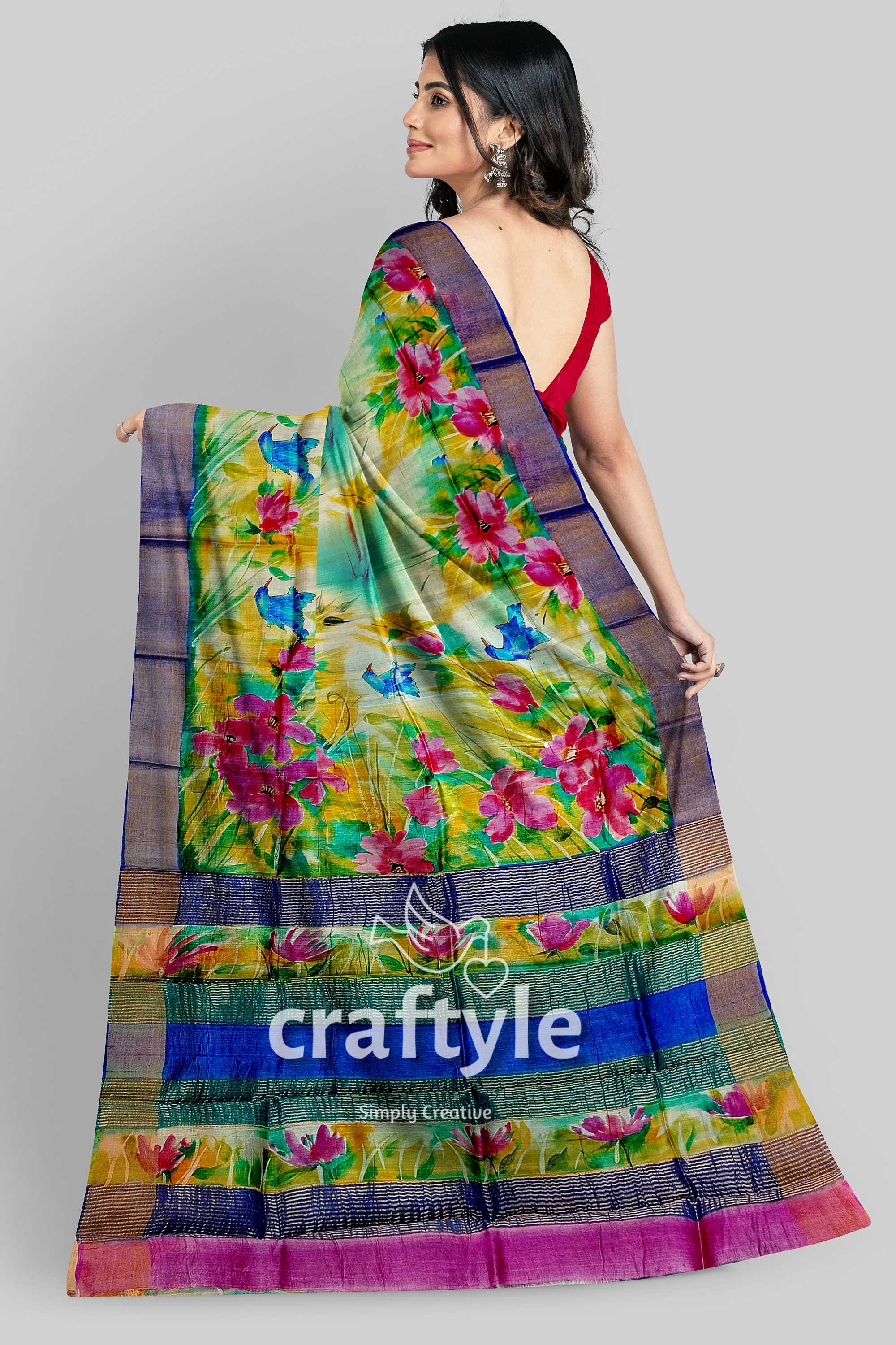 Hand Painted Zari Pure Tussar Saree - Floral Sky Blue Elegant Indian Sari - Craftyle