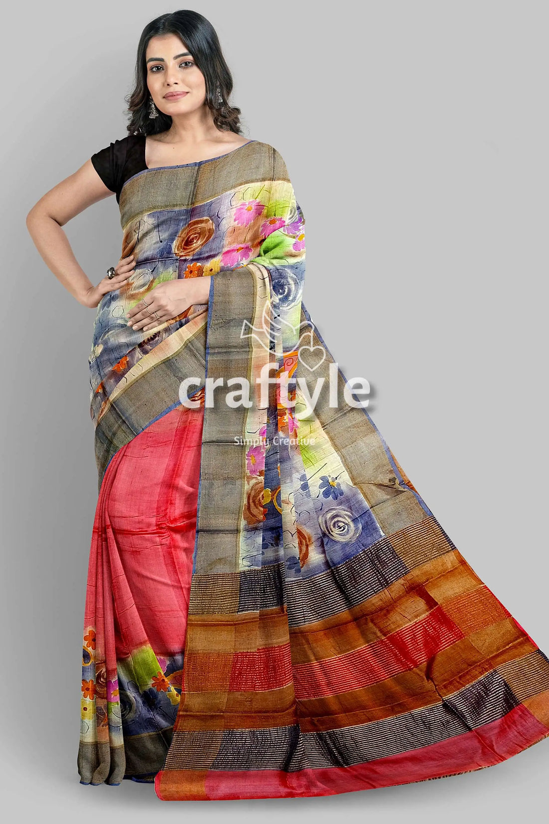 Hand painted zari pure tussar silk saree - amaranth pink floral design floral striped saree 1