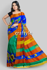 Hand Painted Zari Pure Tussar Silk Saree - Cobalt Blue Floral Motif - Craftyle