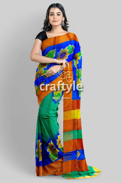 Hand Painted Zari Pure Tussar Silk Saree - Cobalt Blue Floral Motif - Craftyle