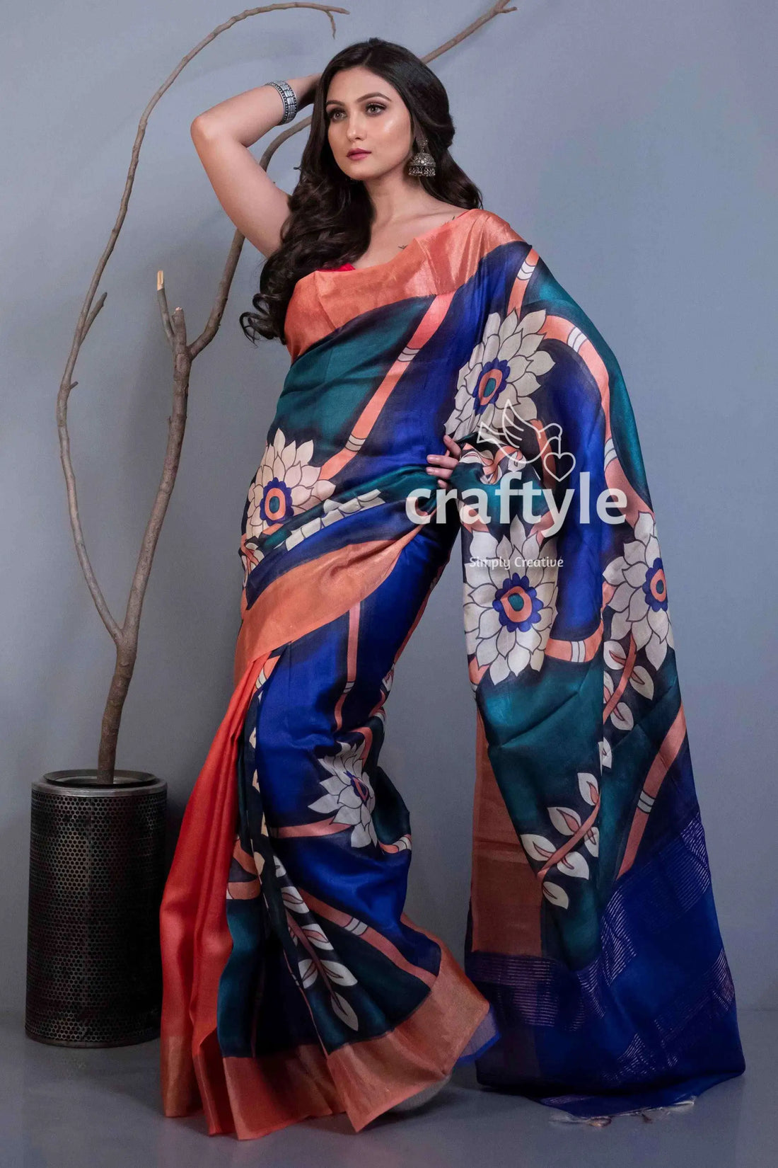 Hand painted zari pure tussar silk saree - salmon pink blue for women woman floral-patterned saree 1
