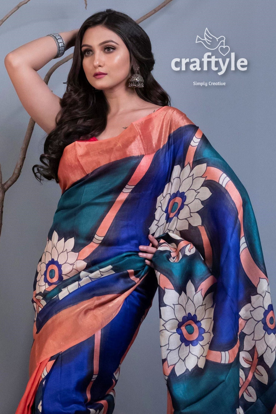 Hand Painted Zari Pure Tussar Silk Saree - Salmon Pink Blue for Women - Craftyle