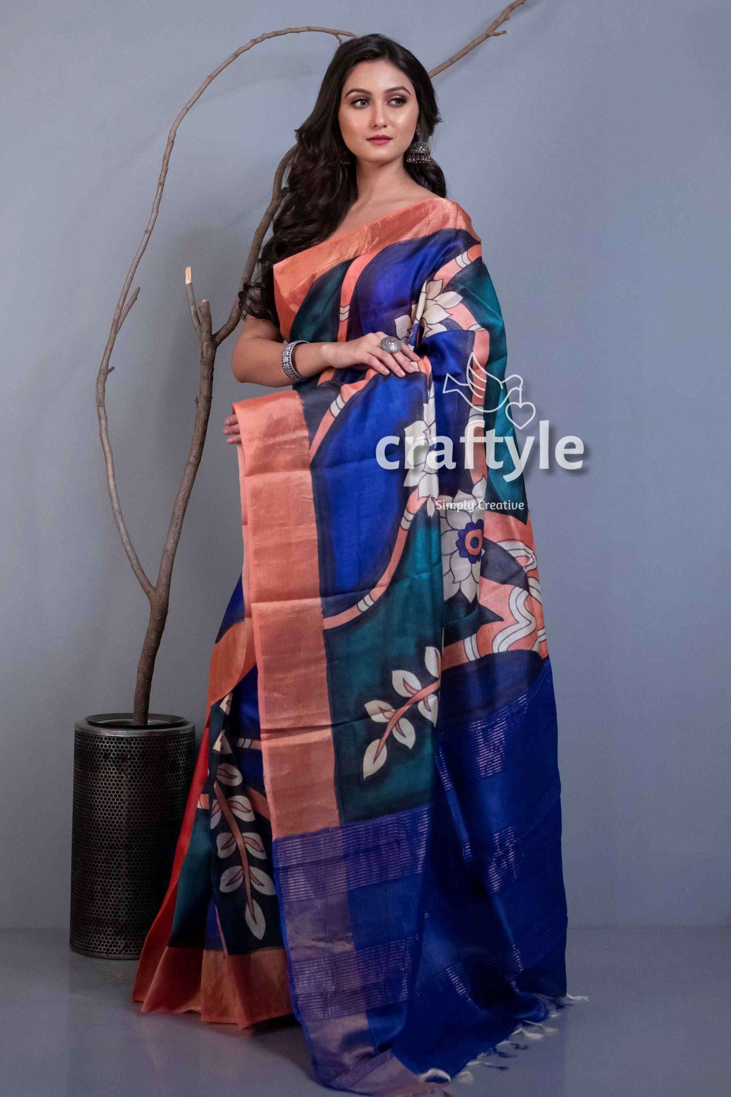 Hand Painted Zari Pure Tussar Silk Saree - Salmon Pink Blue for Women - Craftyle