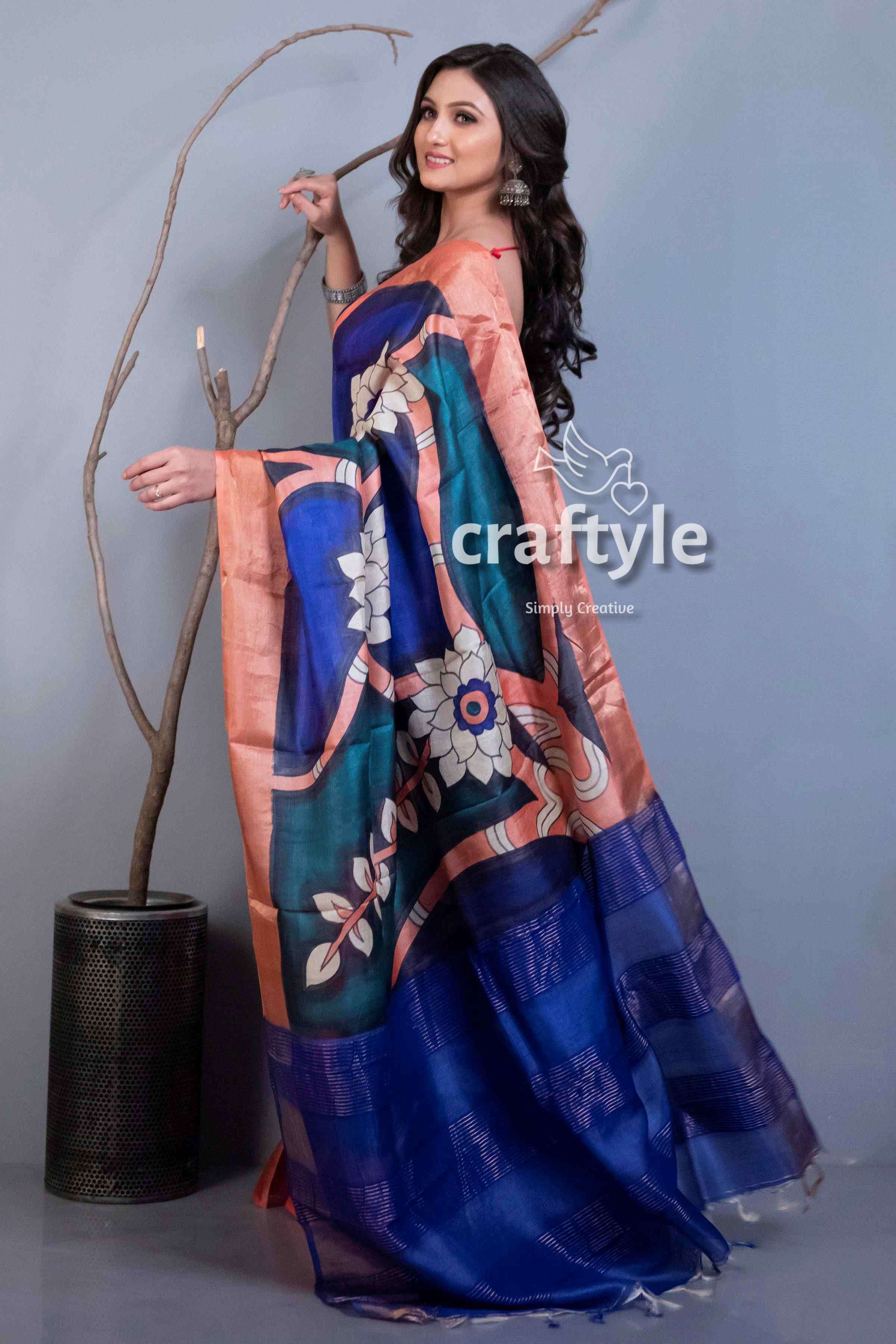 Hand Painted Zari Pure Tussar Silk Saree - Salmon Pink Blue for Women - Craftyle