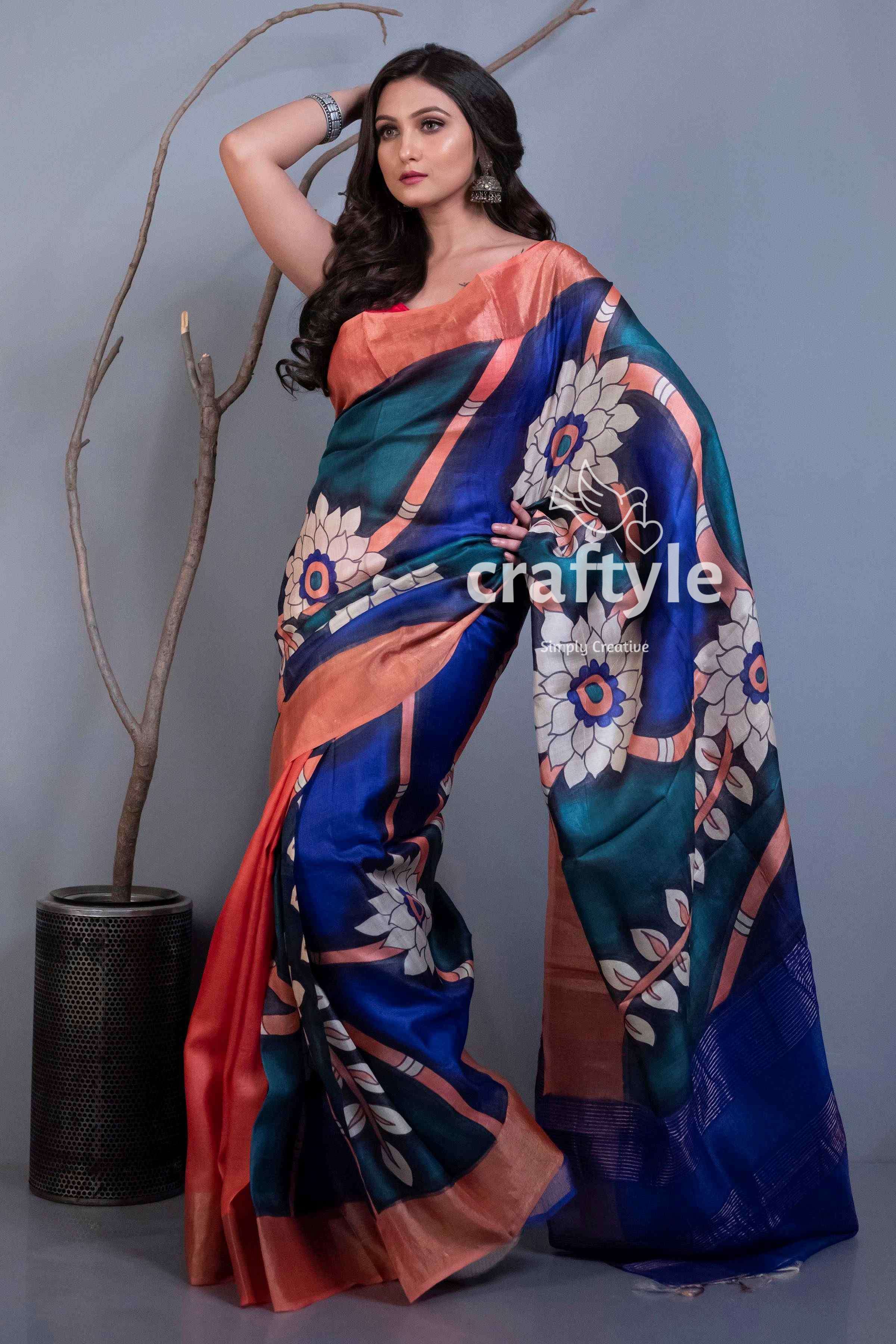 Hand Painted Zari Pure Tussar Silk Saree - Salmon Pink Blue for Women - Craftyle