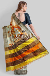 Hand-painted zari tower pure tussar silk saree in grey yellow floral striped saree 5