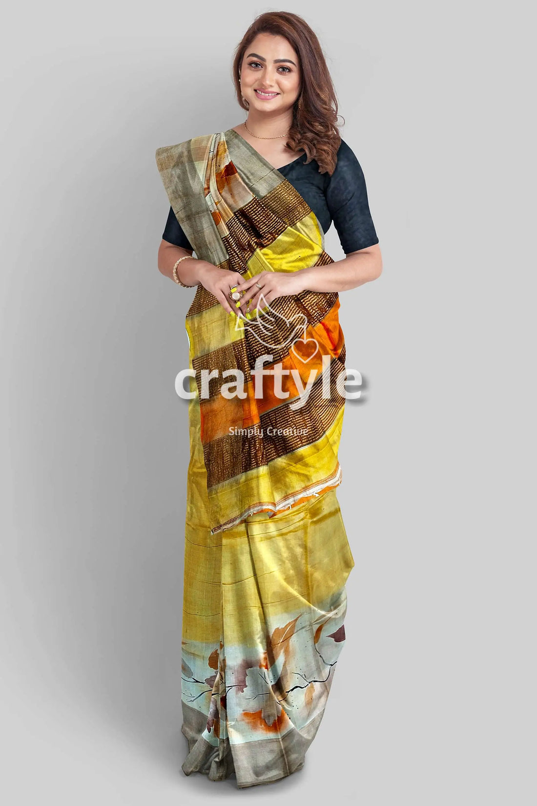 Hand-painted zari tower pure tussar silk saree in grey yellow woman yellow patterned saree 1
