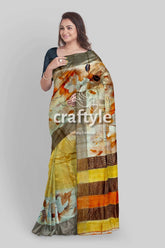Hand-painted zari tower pure tussar silk saree in grey yellow floral striped saree 4