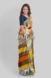 Hand-Painted Zari Tower Pure Tussar Silk Saree in Grey Yellow - Craftyle