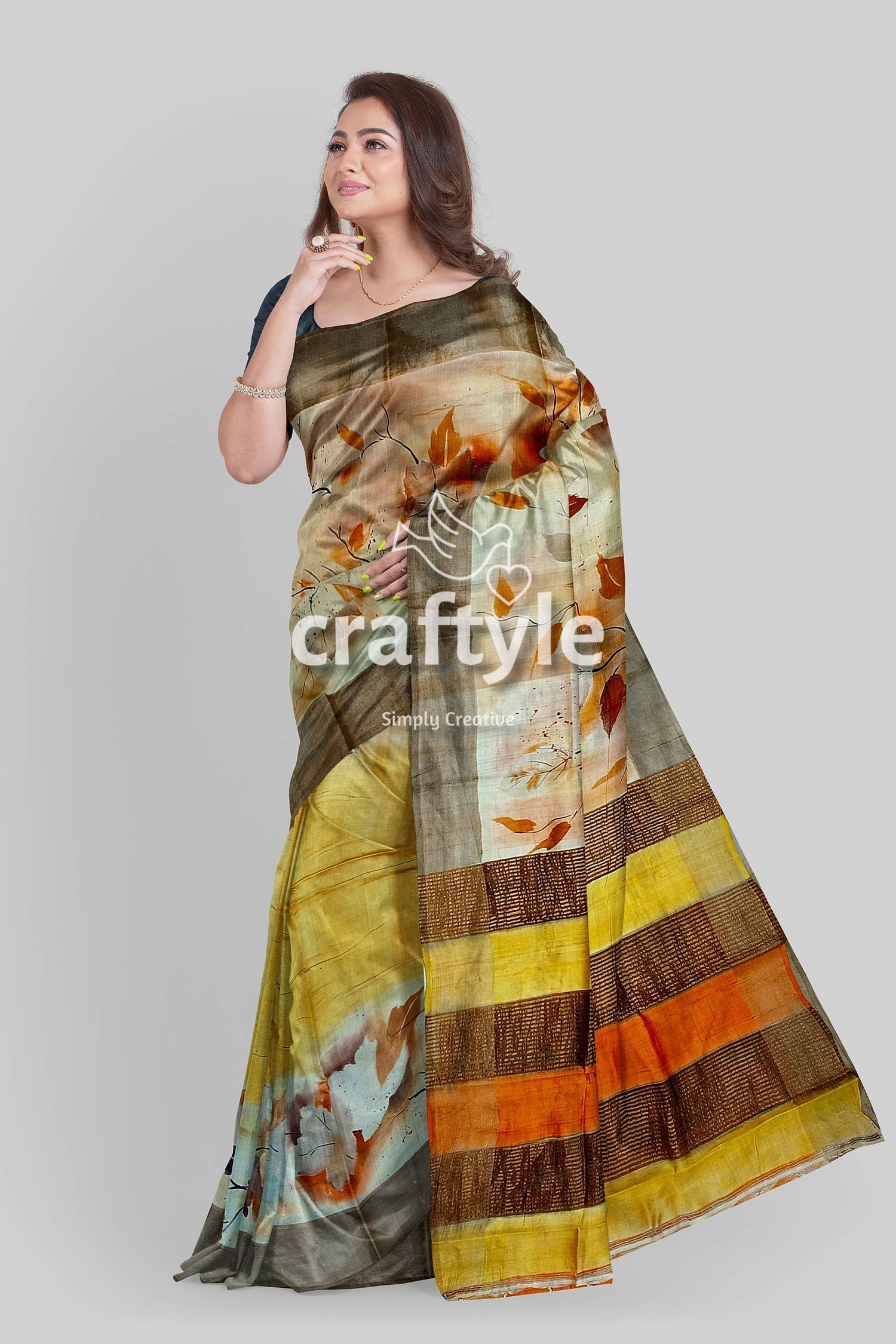 Hand-Painted Zari Tower Pure Tussar Silk Saree in Grey Yellow - Craftyle