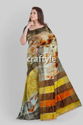Hand-Painted Zari Tower Pure Tussar Silk Saree in Grey Yellow - Craftyle