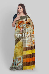 Hand-Painted Zari Tower Pure Tussar Silk Saree in Grey Yellow - Craftyle