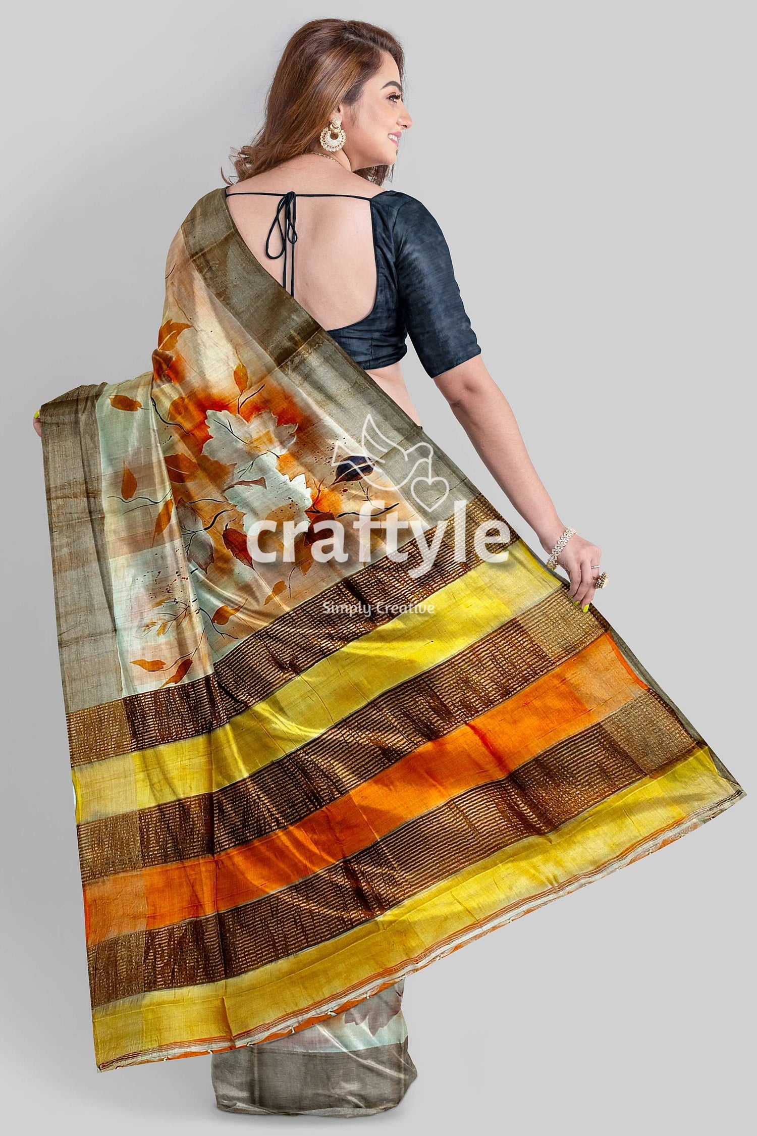Hand-Painted Zari Tower Pure Tussar Silk Saree in Grey Yellow - Craftyle