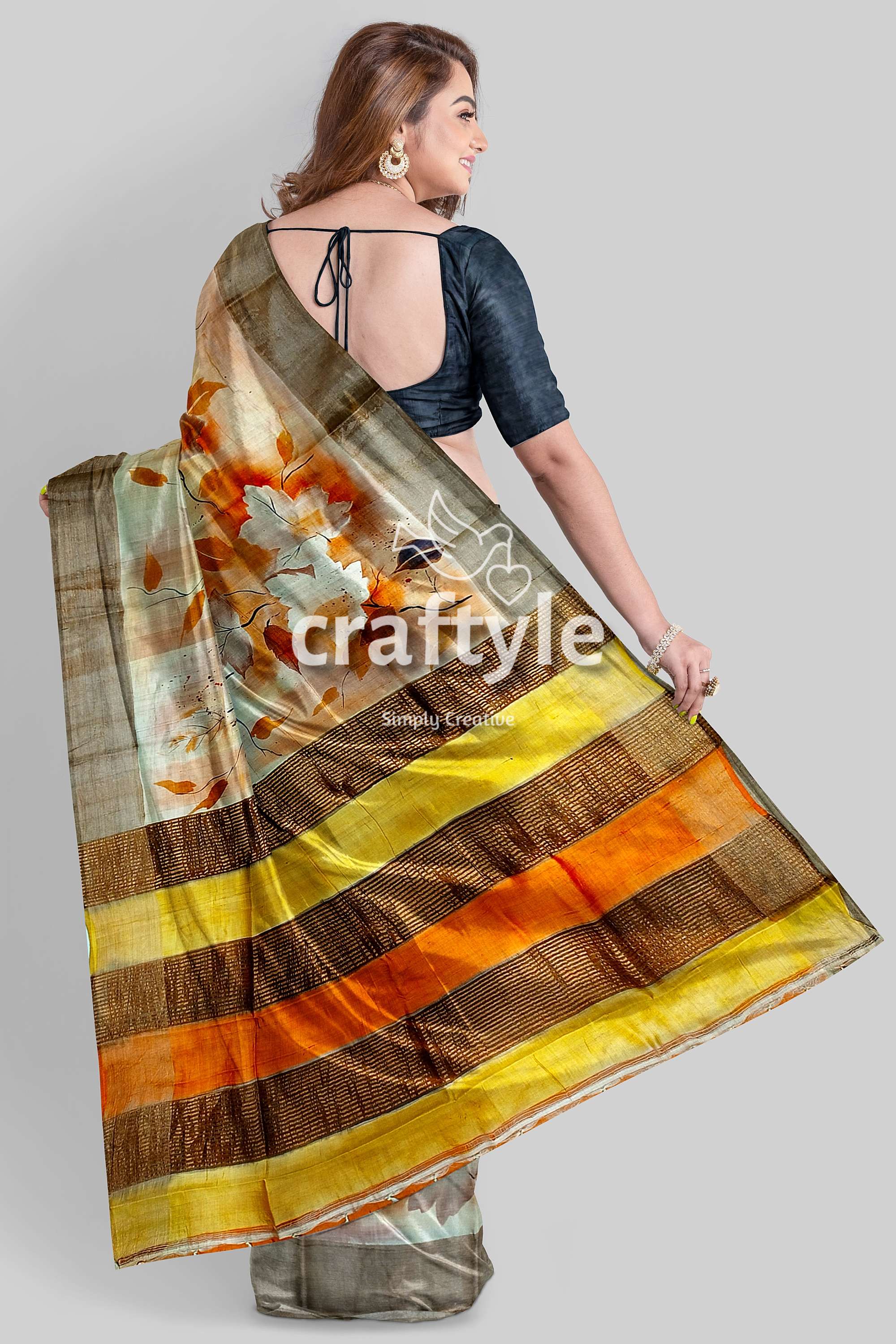 Hand-Painted Zari Tower Pure Tussar Silk Saree in Grey Yellow - Craftyle