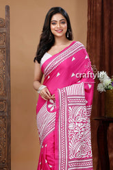 Hand Stitched Kantha Silk Saree with Running Blouse - Magenta Pink White-Craftyle