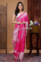 Hand Stitched Kantha Silk Saree with Running Blouse - Magenta Pink White-Craftyle