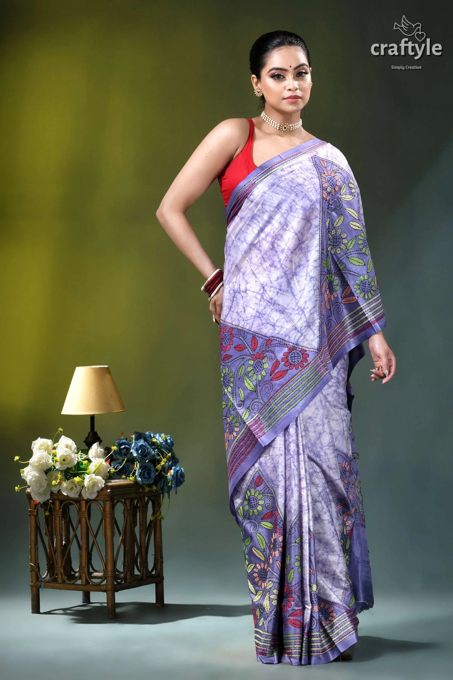Handcrafted batik floral kantha silk saree in languid lavender woman wears lavender purple floral-patterned 5