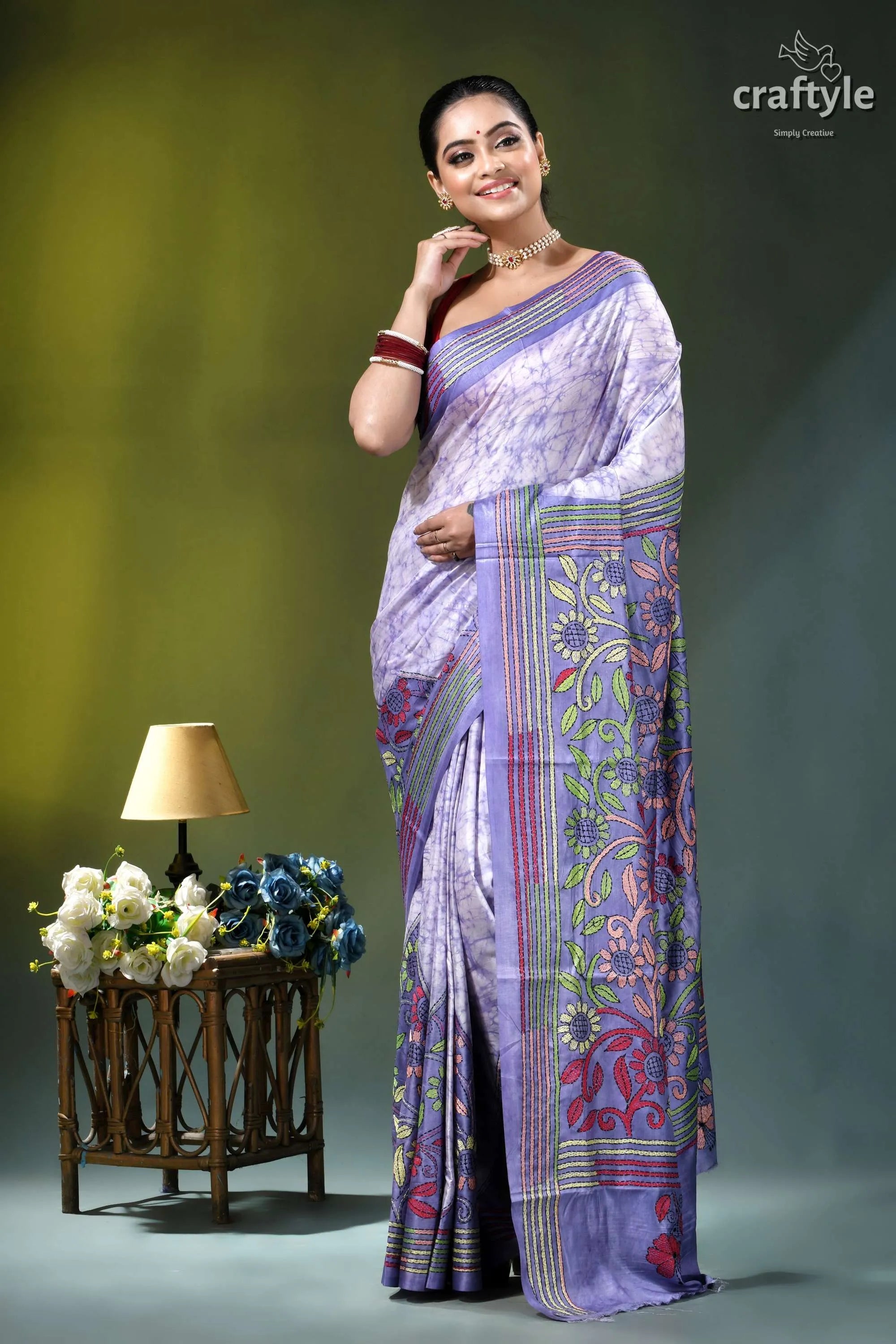 Handcrafted batik floral kantha silk saree in languid lavender woman wears lavender purple printed 6