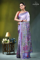 Handcrafted batik floral kantha silk saree in languid lavender woman wears lavender purple silk 3