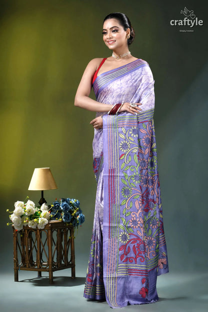 Handcrafted batik floral kantha silk saree in languid lavender woman wears lavender purple silk 3