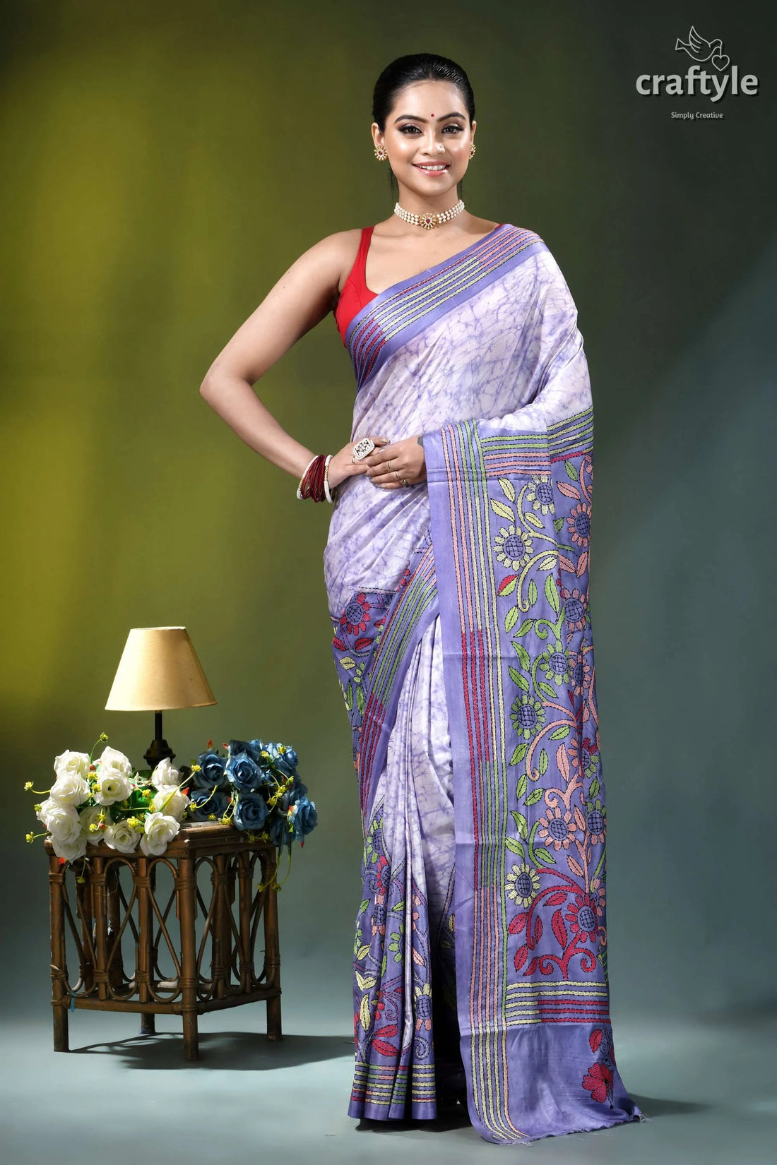 Handcrafted batik floral kantha silk saree in languid lavender woman wears lavender purple printed 1