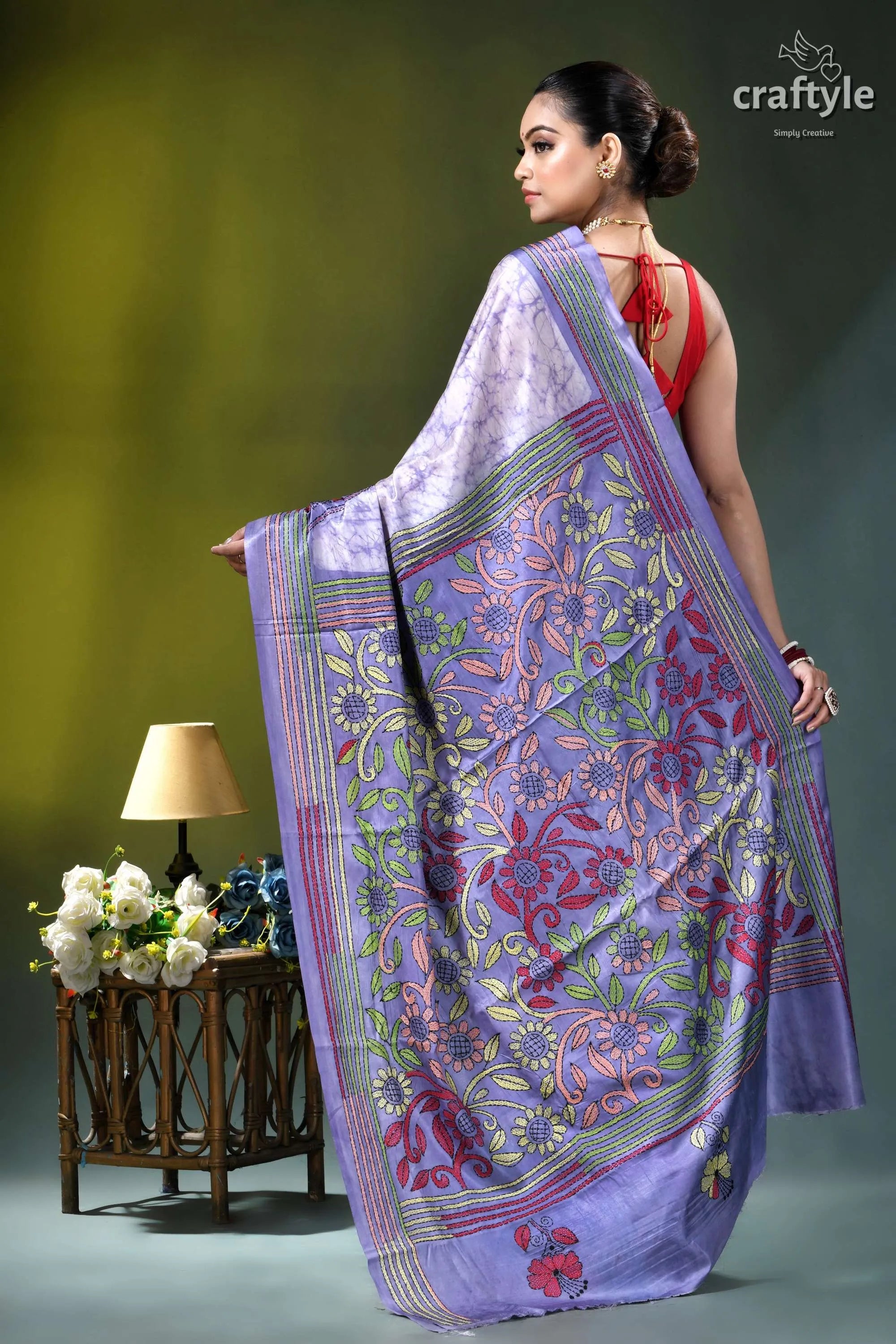 Handcrafted batik floral kantha silk saree in languid lavender woman wears lavender silk saree 4