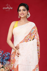 Handcrafted batik pure cotton saree - multishape design woman white peach saree 2