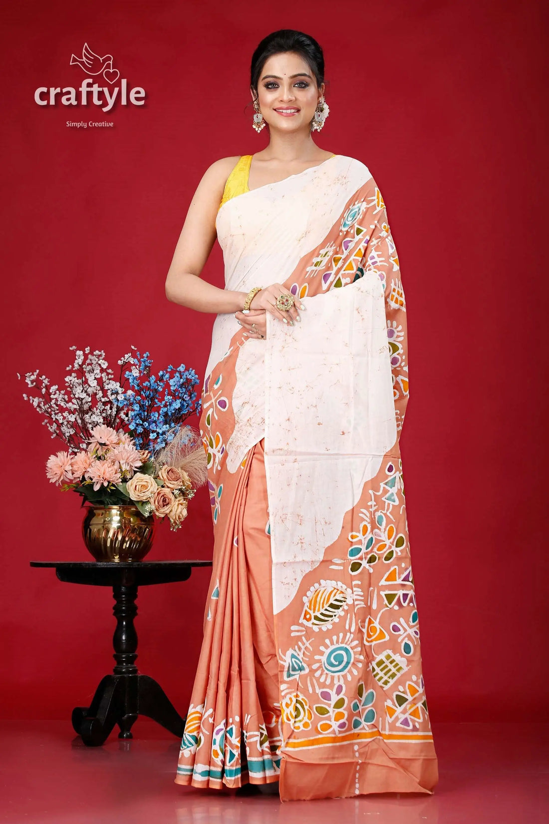 Handcrafted batik pure cotton saree - multishape design woman patterned saree 1