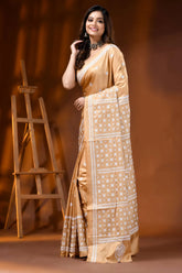 Handcrafted beige kutch embroidery saree in silk with ethnic motifs 3