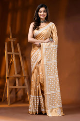 Handcrafted beige kutch embroidery saree in silk with ethnic motifs 6
