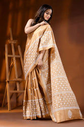 Handcrafted beige kutch embroidery saree in silk with ethnic motifs 4