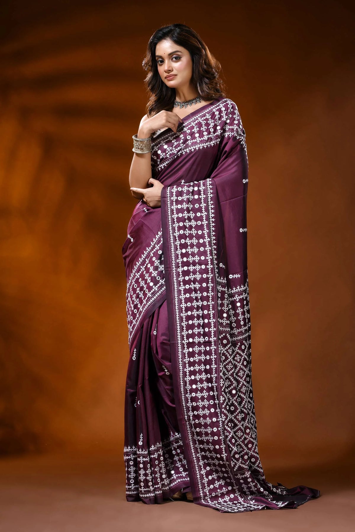 Handcrafted berry purple kutch work silk saree with mirror detailing 6