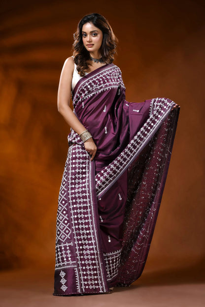 Handcrafted berry purple kutch work silk saree with mirror detailing 4