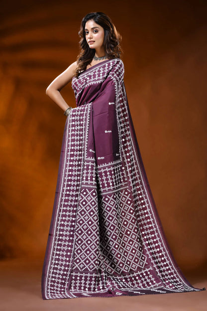Handcrafted berry purple kutch work silk saree with mirror detailing 3
