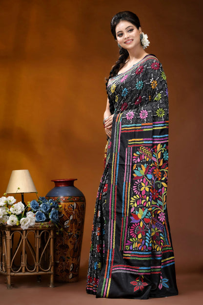 Handcrafted black multi-thread floral design kantha silk saree black saree vibrant multicolored floral 3