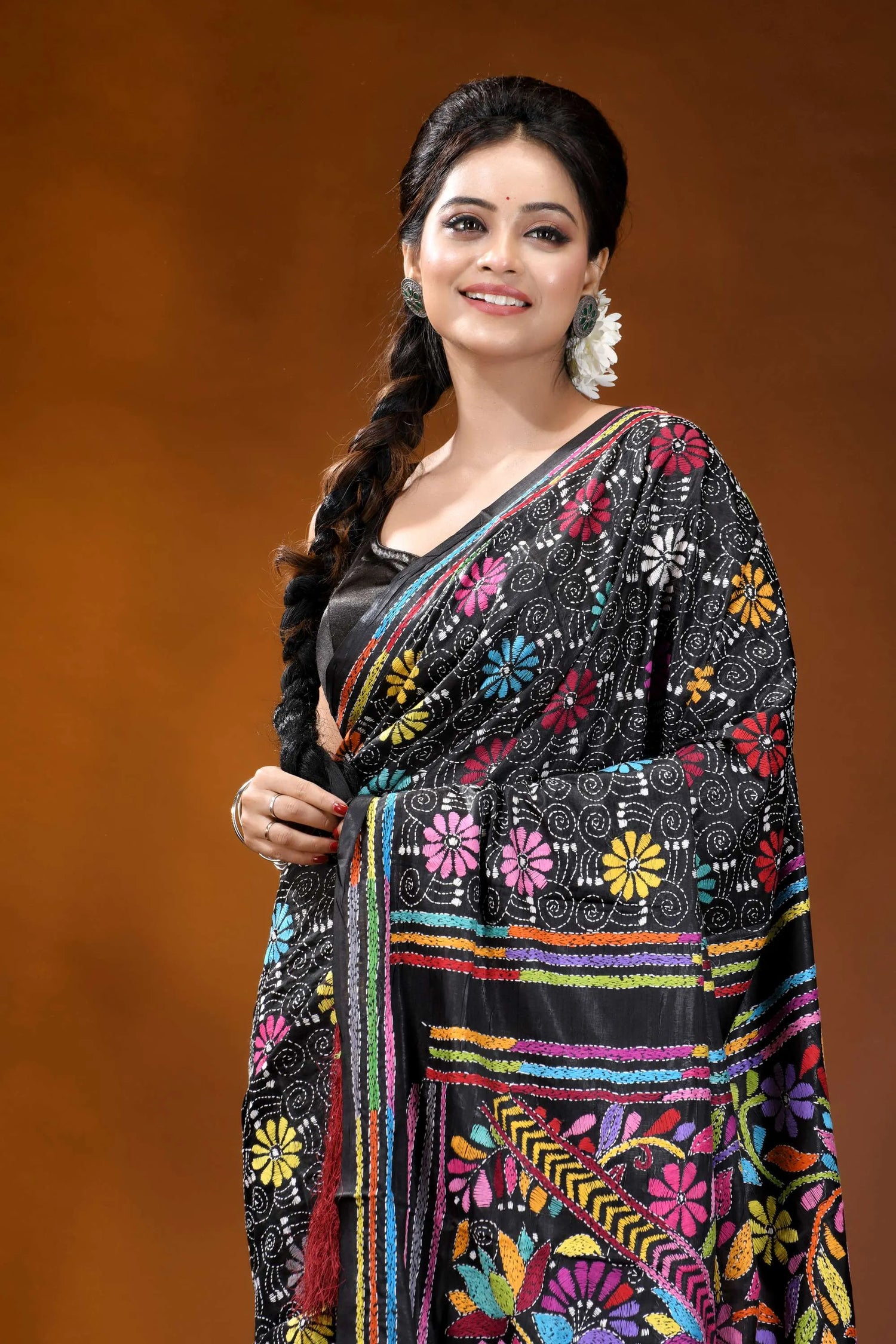 Handcrafted black multi-thread floral design kantha silk saree black saree vibrant multicolored floral 2
