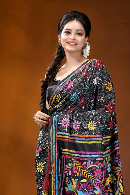 Handcrafted black multi-thread floral design kantha silk saree black saree vibrant multicolored floral 2