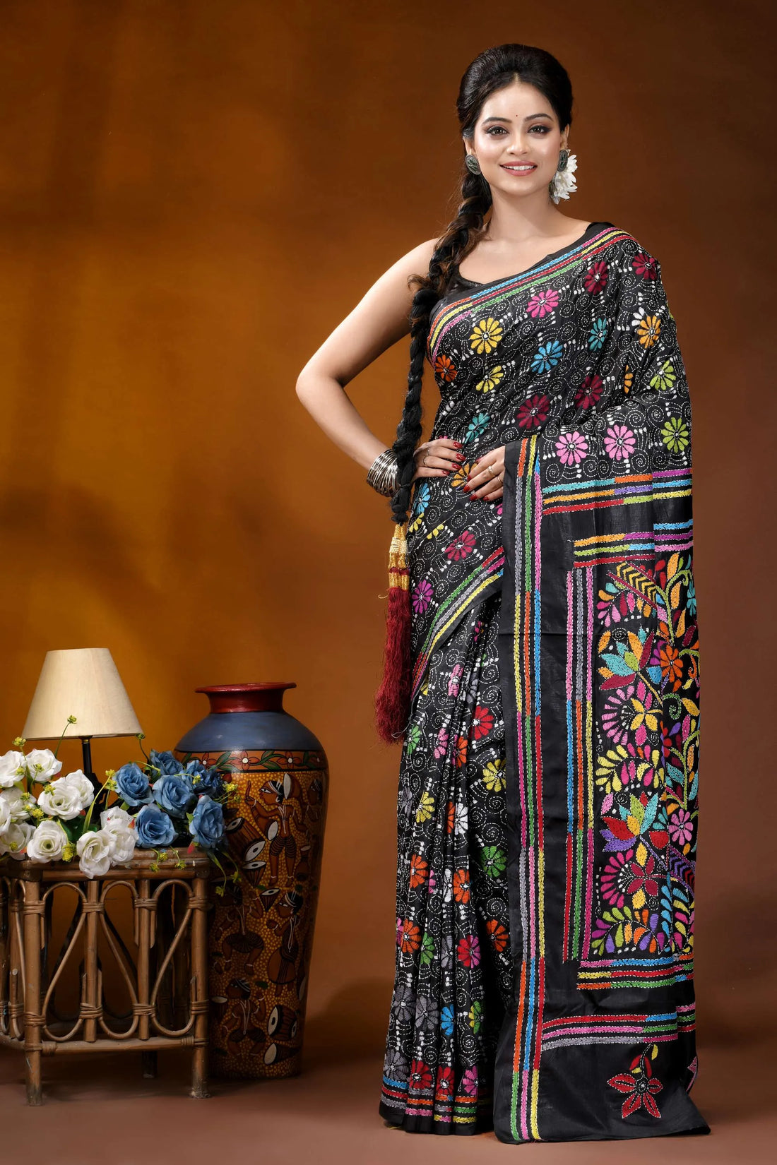 Handcrafted black multi-thread floral design kantha silk saree black silk saree adorned vibrant 1