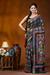 Handcrafted black multi-thread floral design kantha silk saree black silk saree adorned vibrant 1