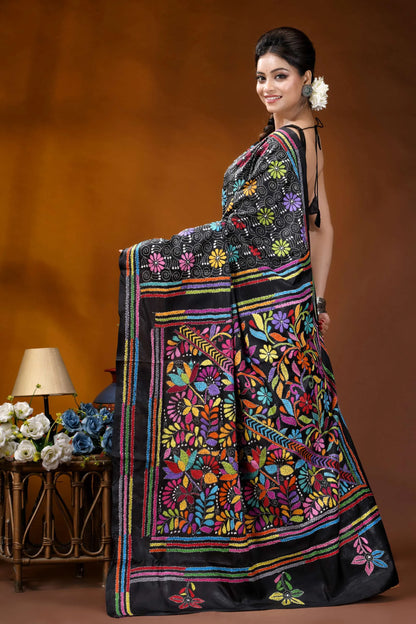 Handcrafted black multi-thread floral design kantha silk saree vibrant black silk saree adorned 5