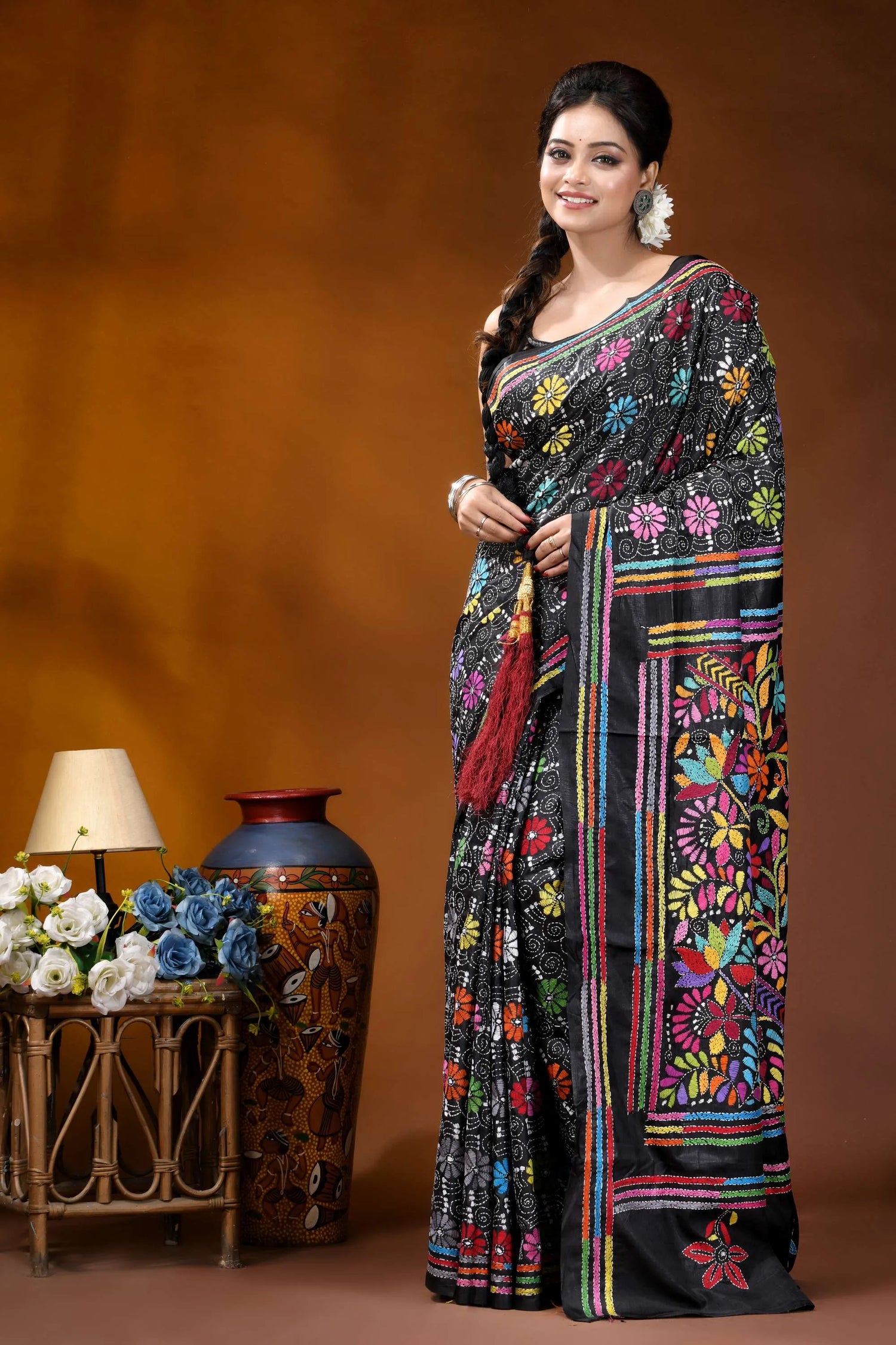 Handcrafted black multi-thread floral design kantha silk saree black silk saree vibrant multicolored 6