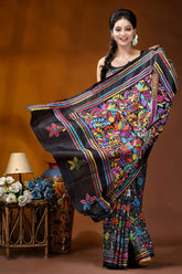 Handcrafted black multi-thread floral design kantha silk saree black silk saree vibrant multicolored 4