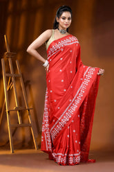 Handcrafted bright red silk kutch embroidery saree with mirror detailing 5