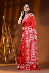 Handcrafted bright red silk kutch embroidery saree with mirror detailing 4