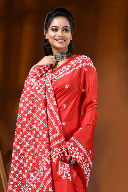 Handcrafted bright red silk kutch embroidery saree with mirror detailing 2