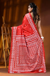Handcrafted bright red silk kutch embroidery saree with mirror detailing 6