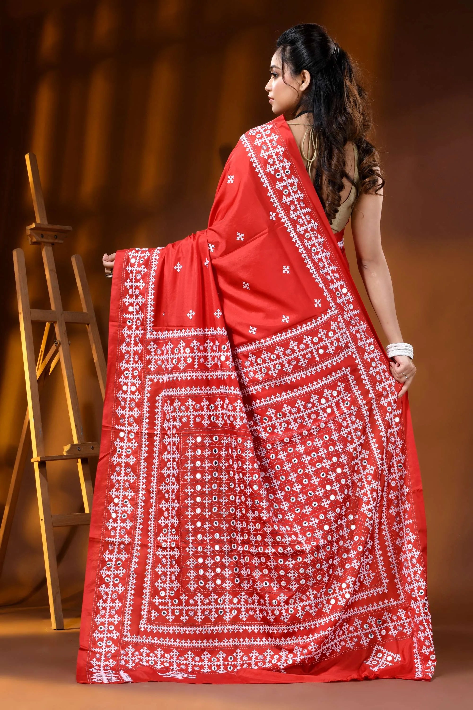 Handcrafted bright red silk kutch embroidery saree with mirror detailing 6