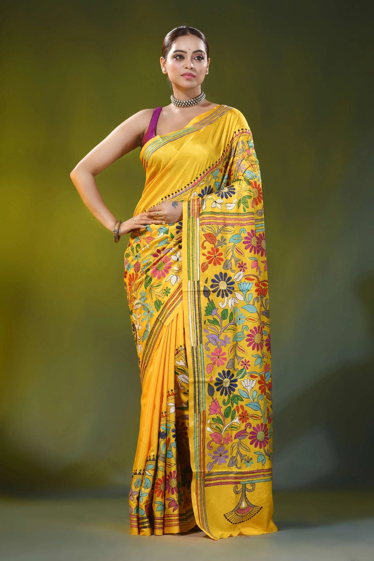 Handcrafted canary yellow silk kantha work saree multi-thread floral 6