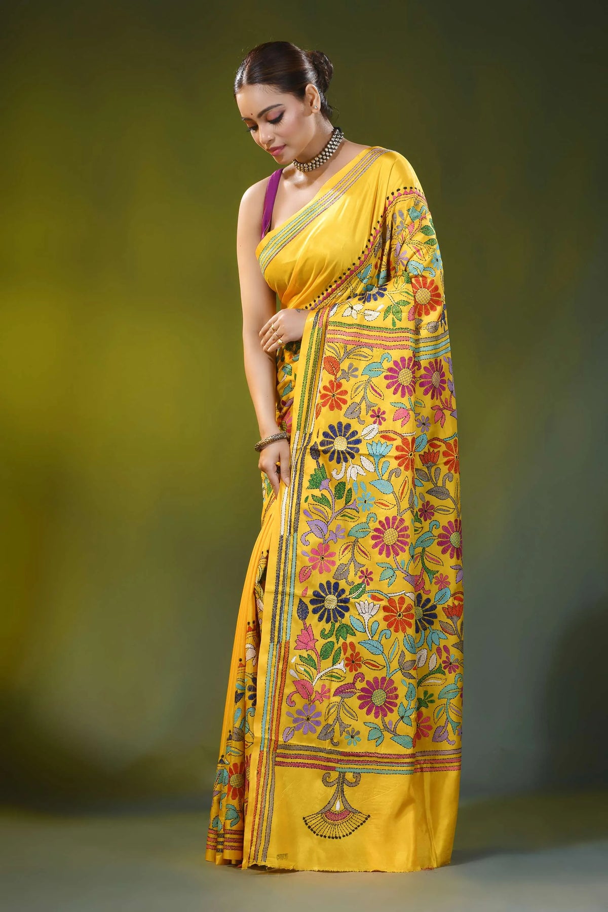 Handcrafted canary yellow silk kantha work saree multi-thread floral 3